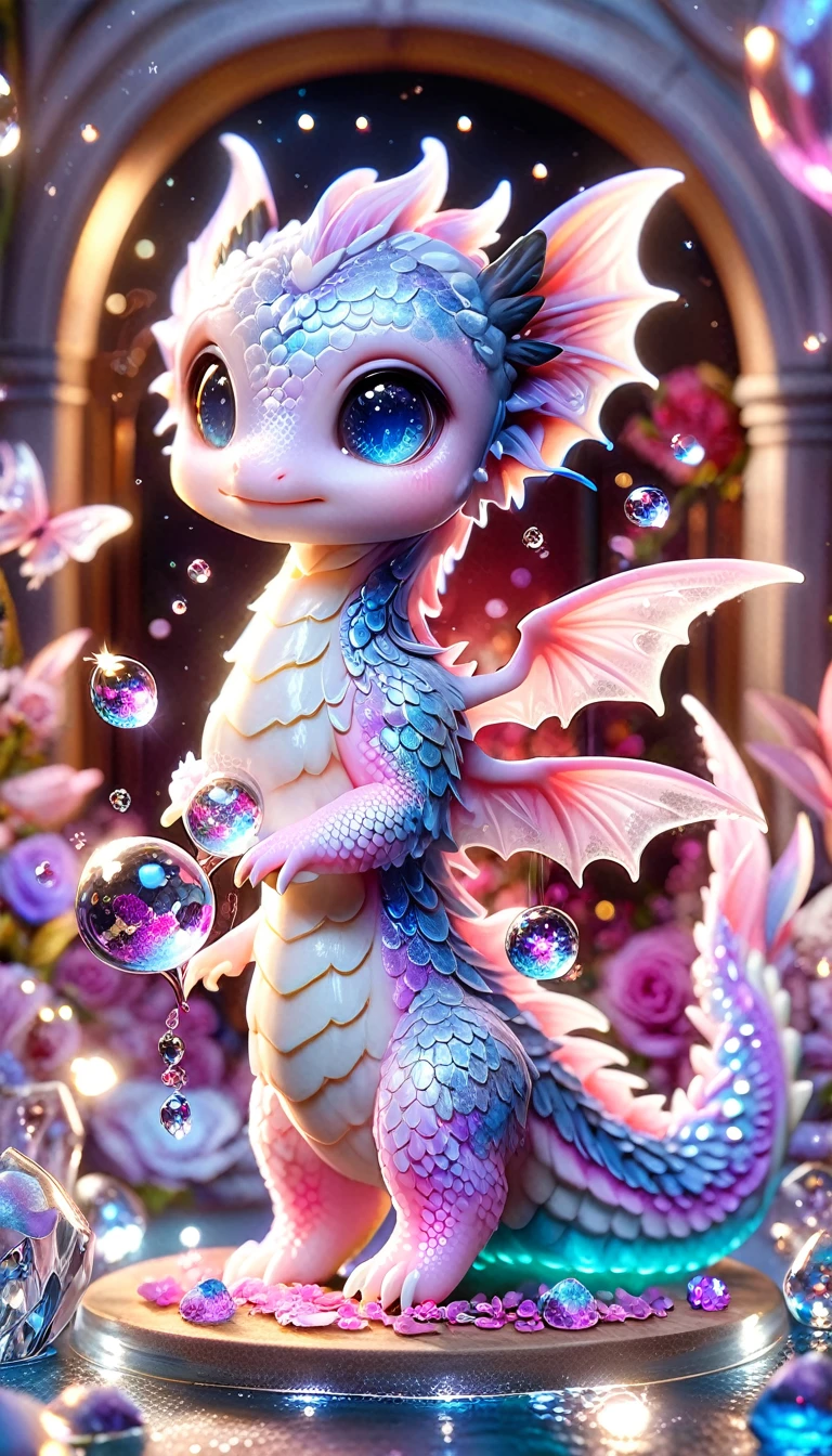 Super detailed, High resolution, High resolution, Absurd, Purple Dragon, Purple Dragon,Expressive blue eyes, Little Dragon, Cute Dragon,Transparent Wings,Glass, pink Sparkling butterflies, Pink Ice, petal, crystal, Glass, roses, water, cute, Sparkling, water辺, Fantasy, Magic,FantasyMagic背景, Shiny, The Shining,Starry Sky,moon
