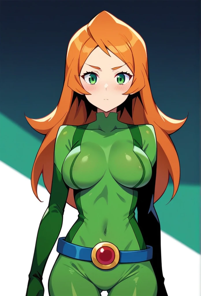 score_9, score_8_up, score_7_up, score_6_up, score_5_up, score_4_up, BREAK source_anime, 1girl, sam \(totally spies\), orange hair, long hair, green eyes, green bodysuit, belt, blush, expressionless, fall, blurry foreground giant breast