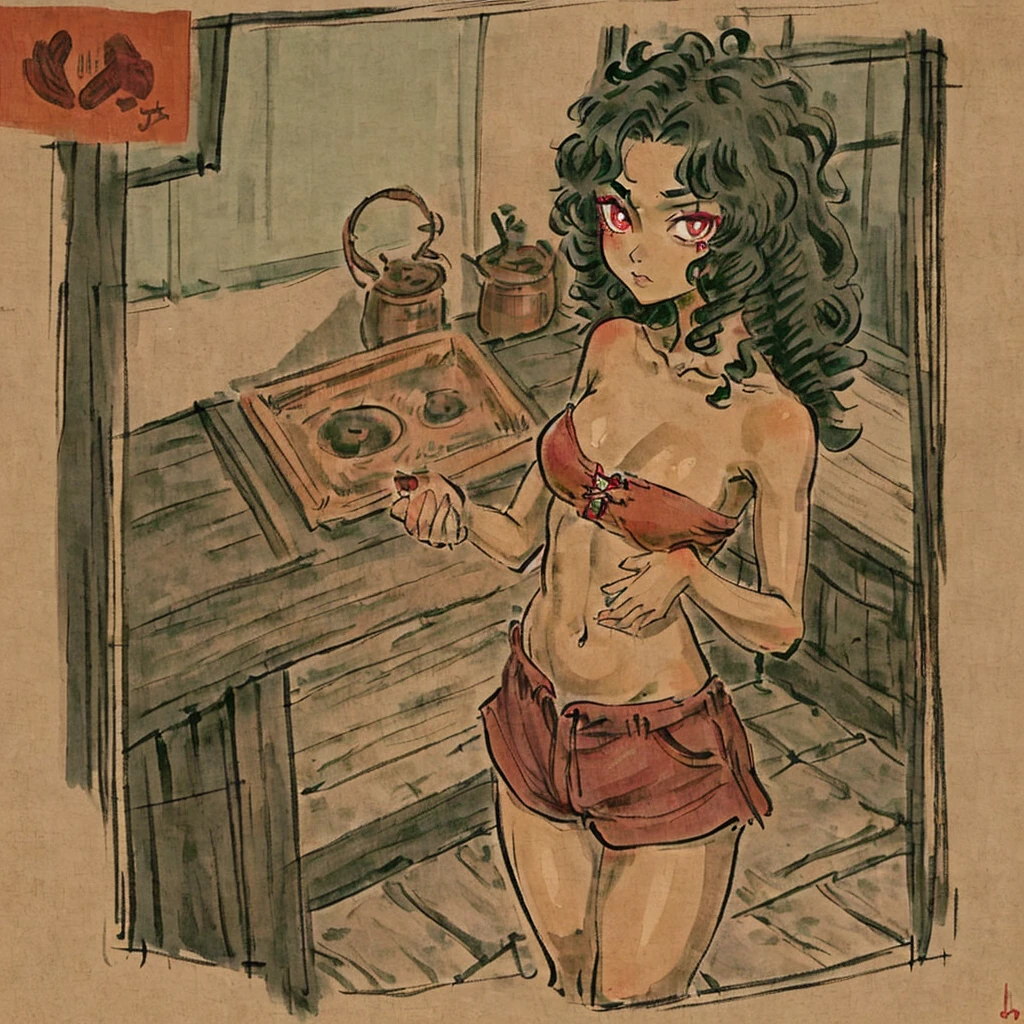 Latina teenage girl with red eyes, black dyied green hair, short and curly, wearing British  , living in a cottage, tan body color, small, small breasts, slim. Anime style. 