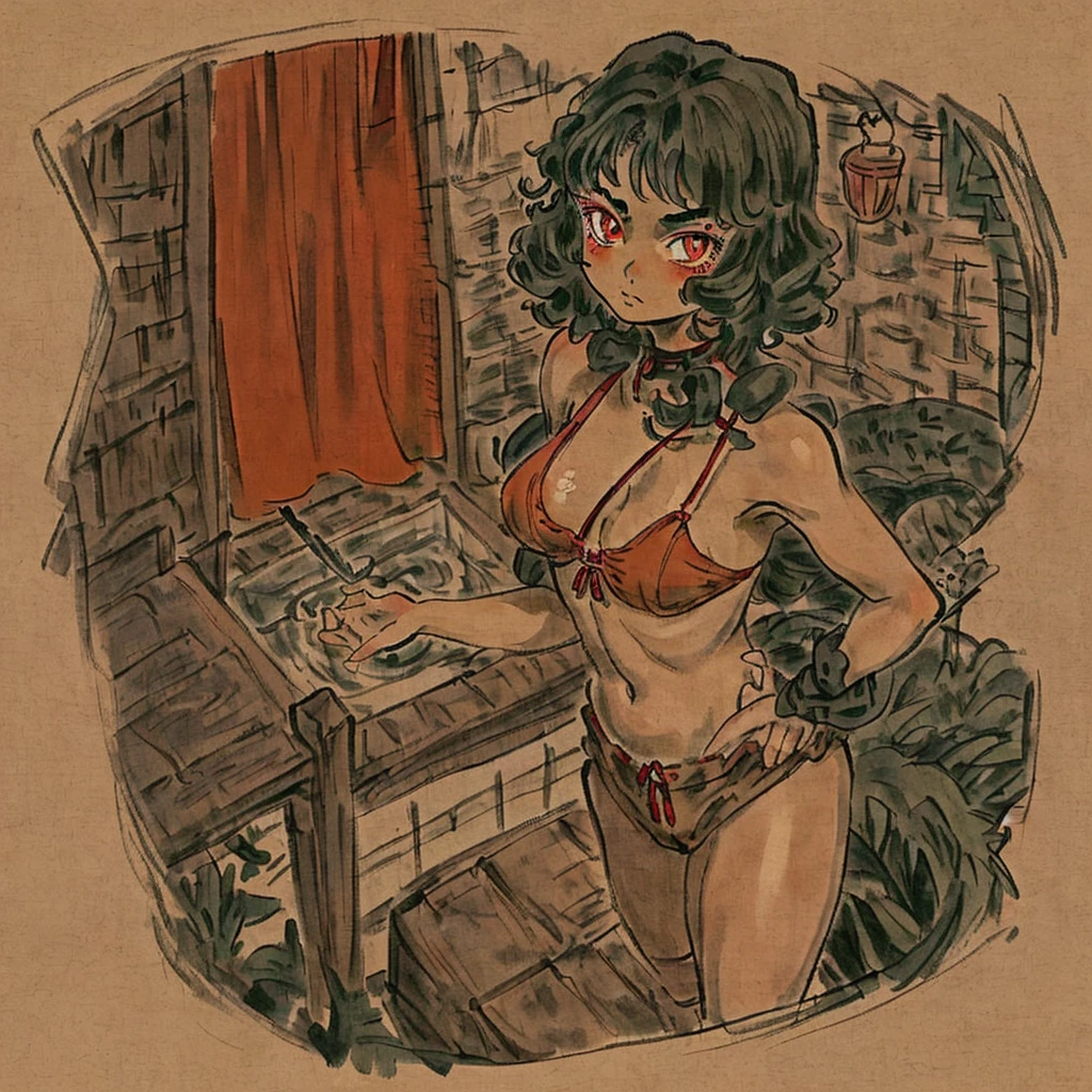 Latina age girl with red eyes, black dyied green hair, short and curly, wearing British , living in a cottage, tan body color, small, small breasts, slim. Anime style.