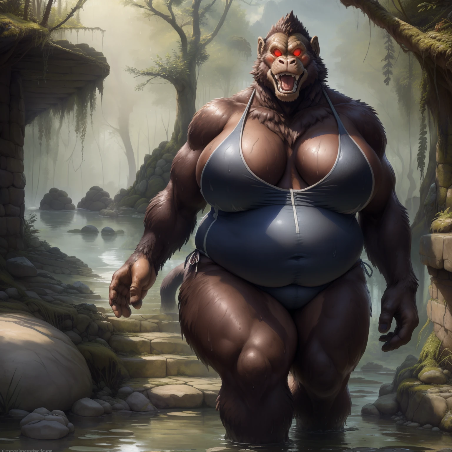 solo, breath (ultra detailed), a beautiful and detailed full size portrait of a female anthro gorilla, oozaru, brown fur, fur body, monkey tail, red eyes, close up view, glowing eyes, empty eyes, tail, bedroom eyes, detailed eyes, big body, sexy body, (wide body). goddess, kenket, Ross Tran,ruan jia, trending on artstation,foxovh, cenematic lighting, front view, big breaths, huge boobs, big , big fat boobs, big boobs, big , big , big , wet, raining, day, fat, obese, (((stone hallway, distant swamp, little rocks, walking outside water, stairs))), curvy figure, (((one piece bikini))), shy, open mouth, blush,
