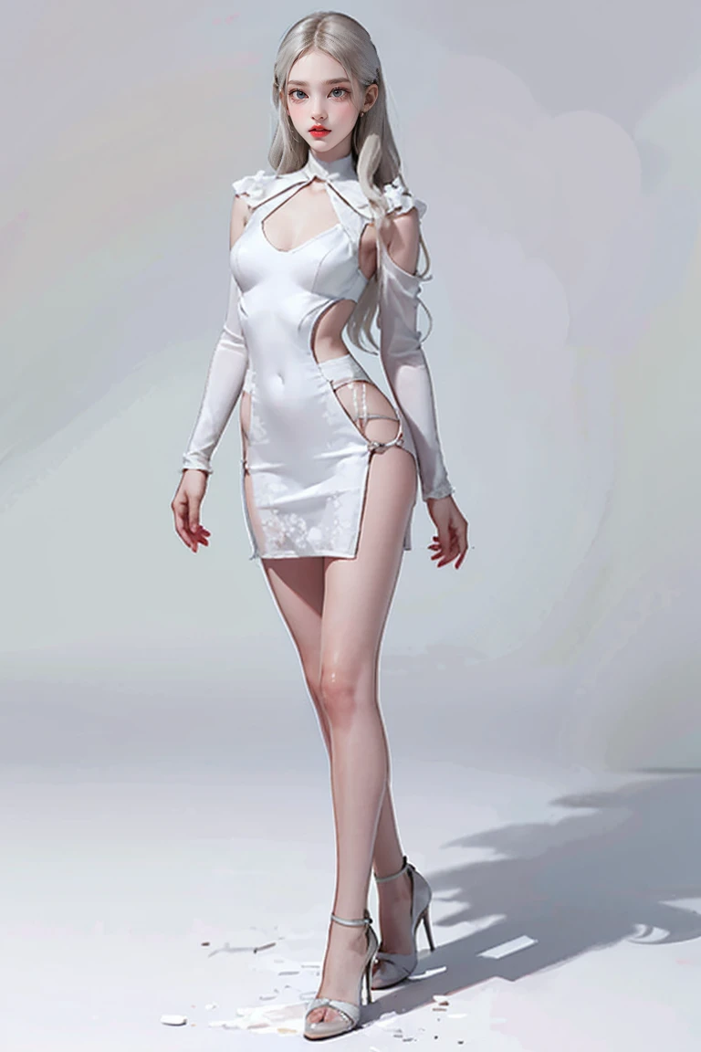 Masters of Animation, A perfect masterpiece, On a snow-white background、Cool Outfits, Sexy and modern clothing、Sexy mature modern woman standing, Flowing silver hair, Full Body Stand Posture, Thin legs, Straight chest, Detailed facial details, Natural and beautiful standing posture, Crisp and realistic body detail,Browsing Caution