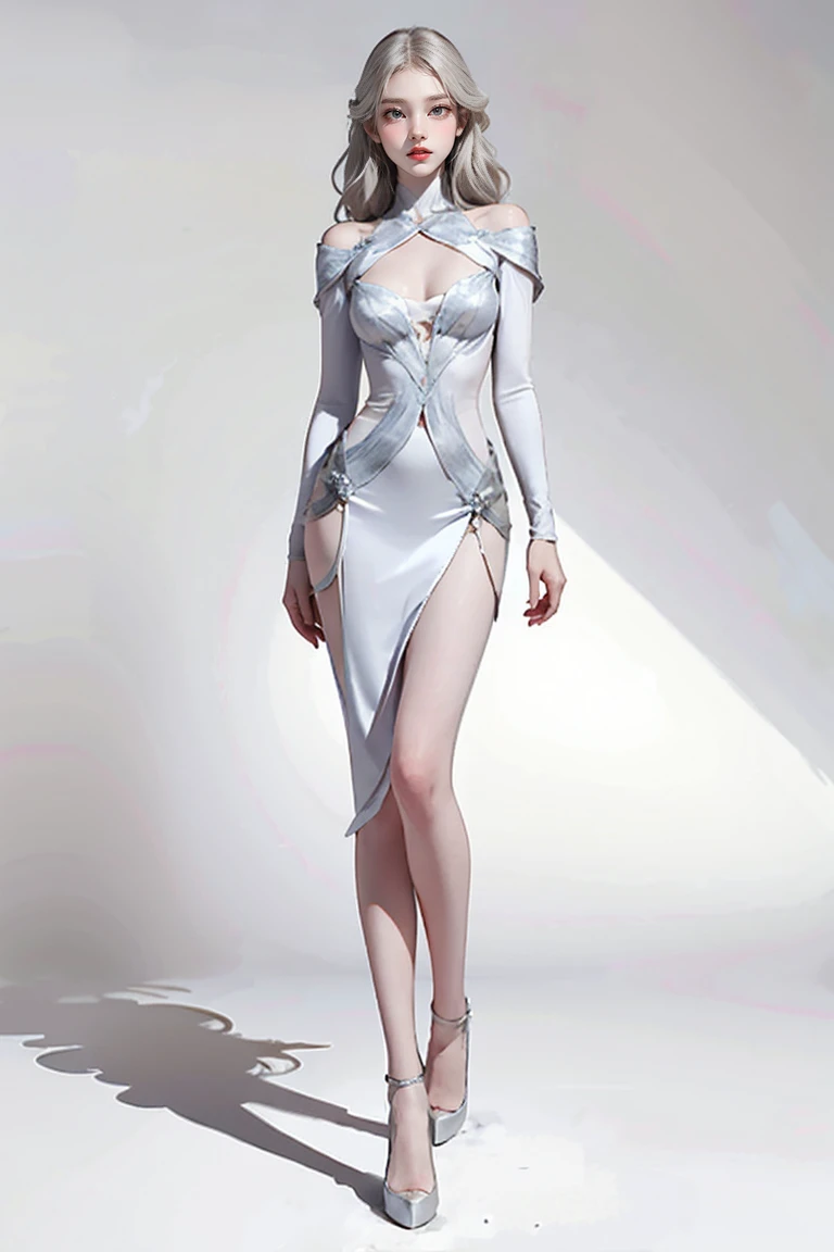 Masters of Animation, A perfect masterpiece, On a snow-white background、Cool Outfits, Sexy and modern clothing、Sexy mature modern woman standing, Flowing silver hair, Full Body Stand Posture, Thin legs, Straight chest, Detailed facial details, Natural and beautiful standing posture, Crisp and realistic body detail,Browsing Caution