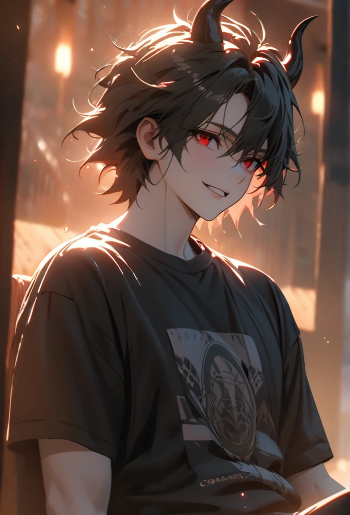 (solo), masculine, black hair, messy hair, mane hair, short hair, dense hair, wild hair, expressive hair, mature,(25 year old), pale skin, red eyes, ((man)), wearing a black shirt, black demon horns,, Smiling, showing anime teeth, handsome, attractive, eye reflection, depth of field, thunder aura,cinematic lighting, ray tracing, depth of field, cinematic lighting, ray tracing, UHD, high details, best quality, highres, high quality, award winning, super detail, masterpiece, 8k, UHD, high details, best quality, highres, high quality, award winning, super detail, masterpiece, 8k, digital art, anime coloring, full body, body shot, good face, perfect face, detailed face, good eyes, sitting on a throne