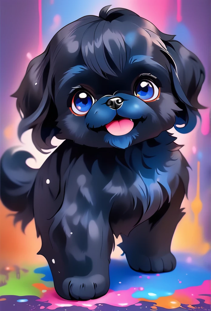 a 2 tiny adorable black shih tzu puppies,big bright blue eyes,happy,playful,covered in bright color paint,paint pawprints background,3D Pixar style,photorealistic,masterpiece,ultra-detailed,highly detailed,sharp focus,vivid colors,natural lighting