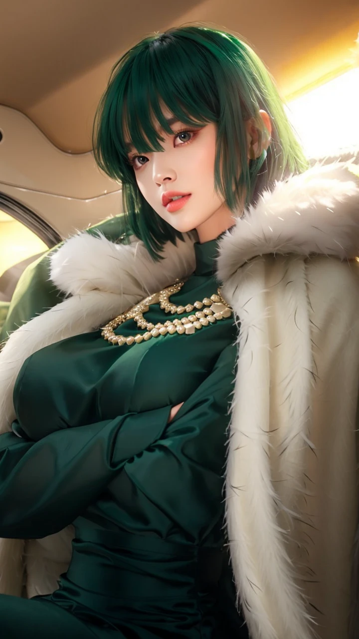 beautiful girl wearing a green dress and white fur coat