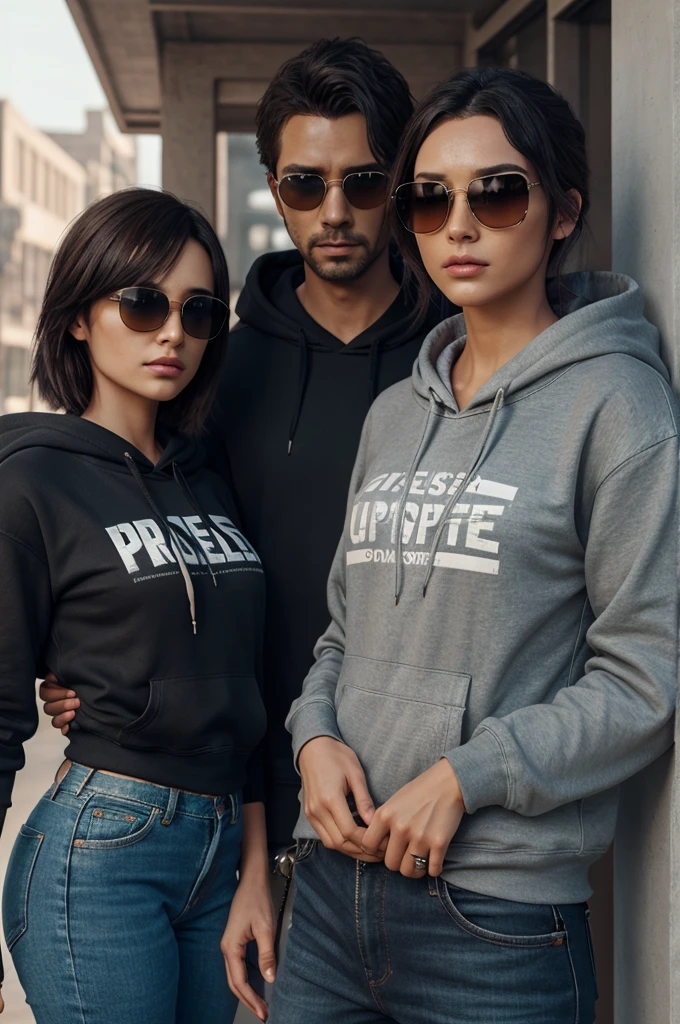three people in hoodies and sunglasses are posing for a picture Unreal Engine prowess on display in hyperrealistic glory, intricately detailed and softly lit, 8K, highly detailed