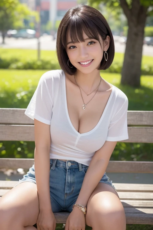 Relaxing on a park bench Outfit: White casual t-shirt and denim shorts、Simple sneaker pose: Sitting on a bench、She is smiling at the camera in a relaxed pose with one knee raised.: White skin, ((Dark brown short tiered hair)), V cut with layers and bangs, Brown eyes, Soft atmosphere, (Highest quality, Ultra-high resolution, 8k, RAW Photos, Ultra-high resolution: 1.2, masterpiece: 1.3), (Realistic, Realistic: 1.37), Very detailed, Professional Lighting, Photon Mapping, Radio City, 物理ベースレンダring, One Girl, student, Sharp focus:1.2、Beautiful woman:1.4,cute, Nice, Adorable smile, Normal chest, Cross Necklace、Earrings、ring,(Cleavage), (Dark brown short hair), (A cute toothy smile)