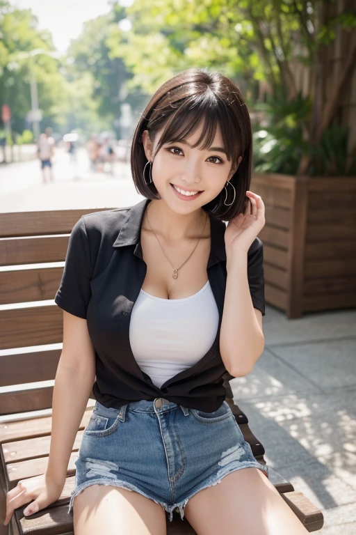 Relaxing on a park bench Outfit: White casual t-shirt and denim shorts、Simple sneaker pose: Sitting on a bench、She is smiling at the camera in a relaxed pose with one knee raised.: White skin, ((Dark brown short tiered hair)), V cut with layers and bangs, Brown eyes, Soft atmosphere, (Highest quality, Ultra-high resolution, 8k, RAW Photos, Ultra-high resolution: 1.2, masterpiece: 1.3), (Realistic, Realistic: 1.37), Very detailed, Professional Lighting, Photon Mapping, Radio City, 物理ベースレンダring, One Girl, student, Sharp focus:1.2、Beautiful woman:1.4,cute, Nice, Adorable smile, Normal chest, Cross Necklace、Earrings、ring,(Cleavage), (Dark brown short hair), (A cute toothy smile)