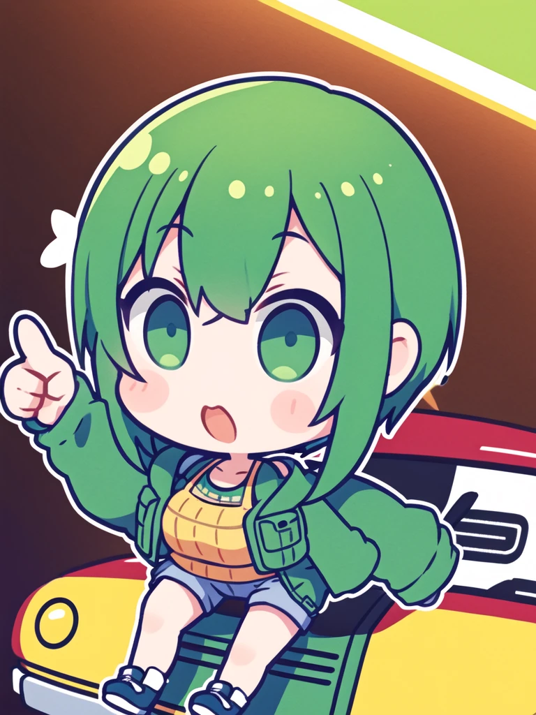 girl with short greenish hair giving a thumbs up to the camera automotive clothing