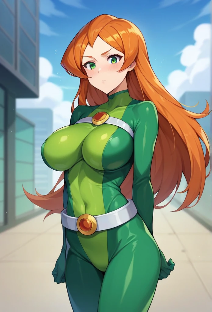 score_9, score_8_up, score_7_up, score_6_up, score_5_up, score_4_up, BREAK source_anime, 1girl, sam \(totally spies\), orange hair, long hair, green eyes, green bodysuit, belt, blush, expressionless, fall, blurry foreground big giant breast