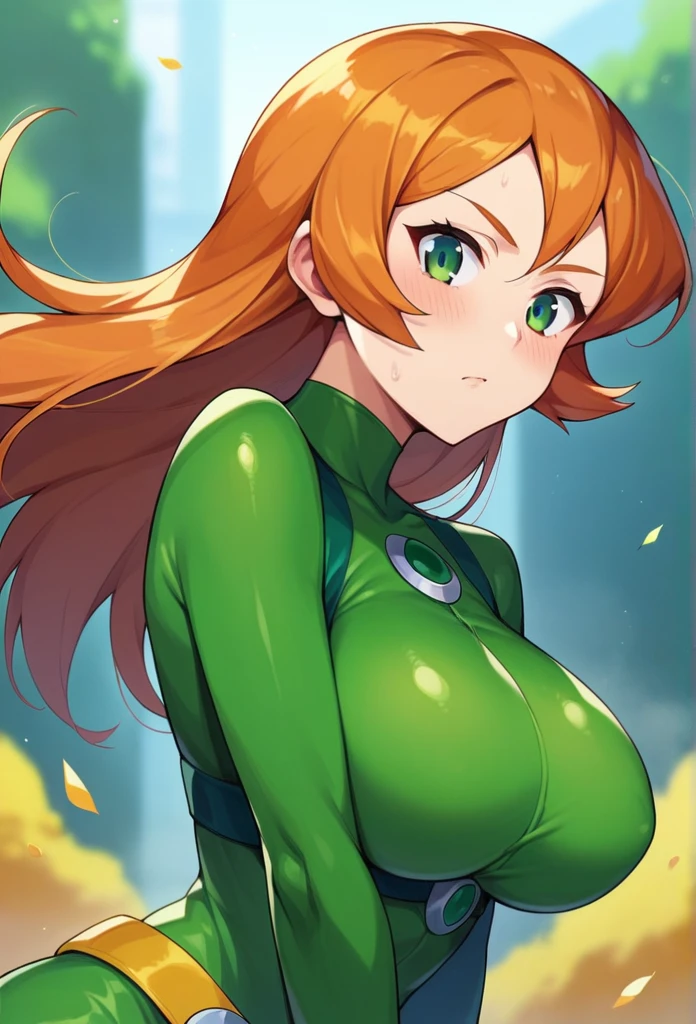 score_9, score_8_up, score_7_up, score_6_up, score_5_up, score_4_up, BREAK source_anime, 1girl, sam \(totally spies\), orange hair, long hair, green eyes, green bodysuit, belt, blush, expressionless, fall, blurry foreground big giant breast