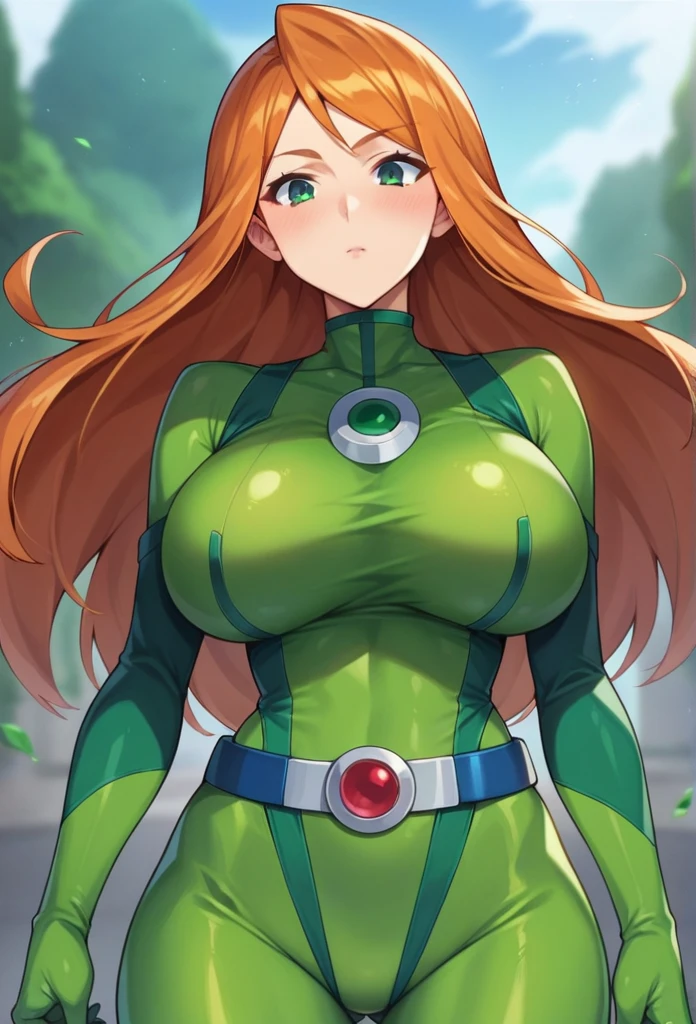 score_9, score_8_up, score_7_up, score_6_up, score_5_up, score_4_up, BREAK source_anime, 1girl, sam \(totally spies\), orange hair, long hair, green eyes, green bodysuit, belt, blush, expressionless, fall, blurry foreground big giant breast