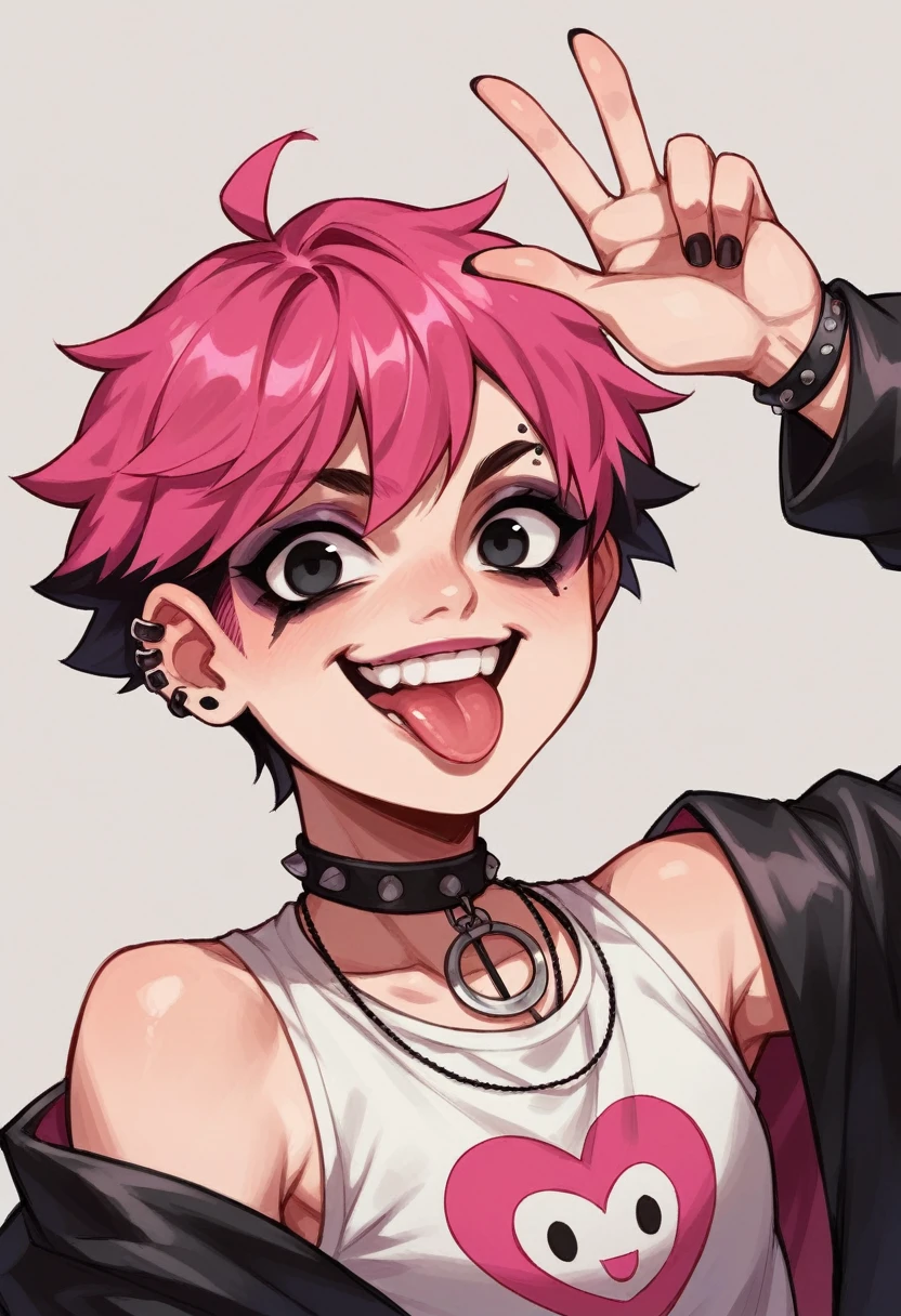 Girl, short white onion, black eyes, black and pink emo clothing, smiling with tongue out 