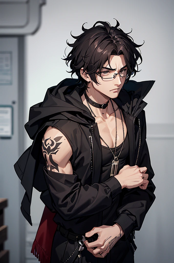 A male antihero with tired black eyes, Glasses. short curly dark brown hair, black half baggy hobo clothes and hood, her entire body covered with brown skin and lip piercings. Lonely and kind hearted. He has the power to turn into a seven-tailed white wolf., each with a power related to natural disasters. He is kind and funny 
