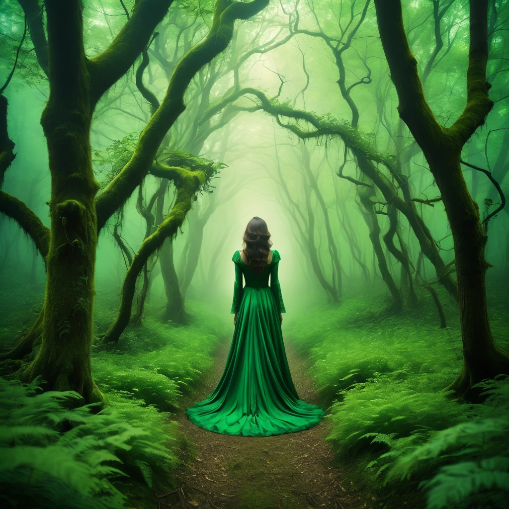 Make a dreamy mysterious horror style image symbolizing the embracement of nature, beautyfull green forest, delightfullness, symbols
