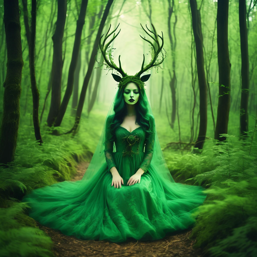 Make a dreamy mysterious horror style image symbolizing the embracement of nature, beautyfull green forest, delightfullness, symbols