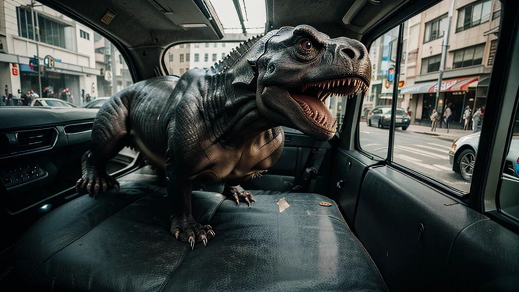 Metropolis,Tyrannosaurus bites into car and destroys it