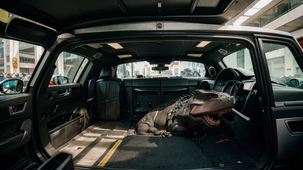 Metropolis,Tyrannosaurus bites into car and destroys it