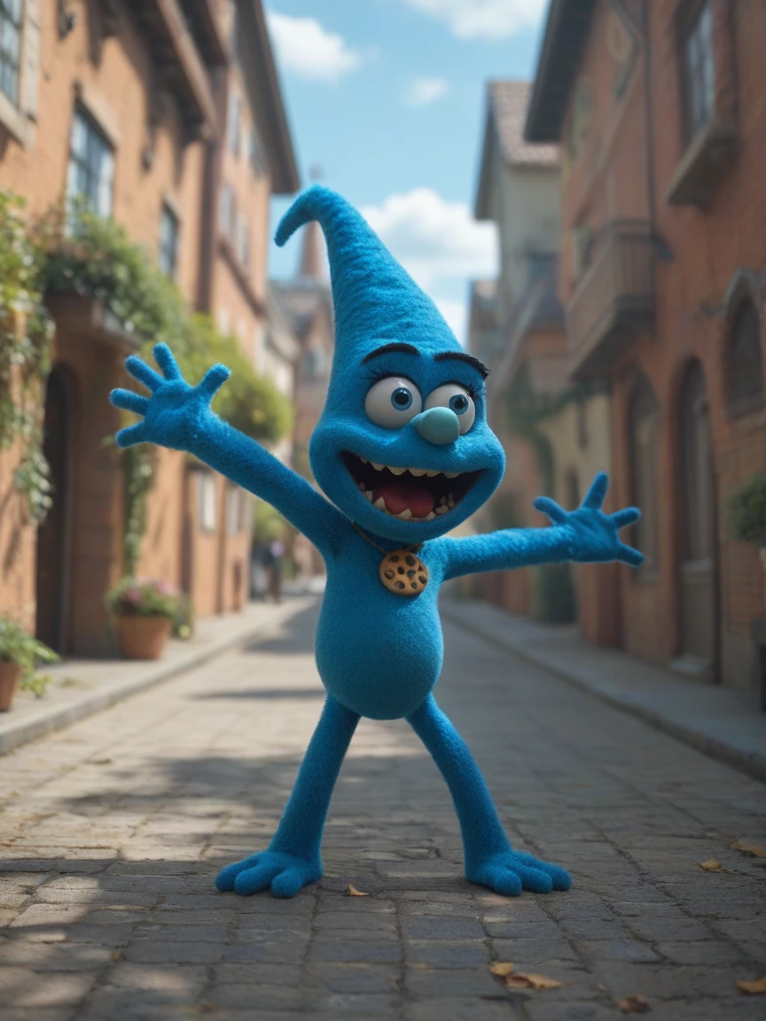 Blue Cookie Monster, Sesame Street, blue Cookie Monster, т - Outside, Т-Outside, his arms are outstretched, Outside, arms outstretched, arms outstretched, Т-Outside of wizard, full body 8k, Arms spread wide
