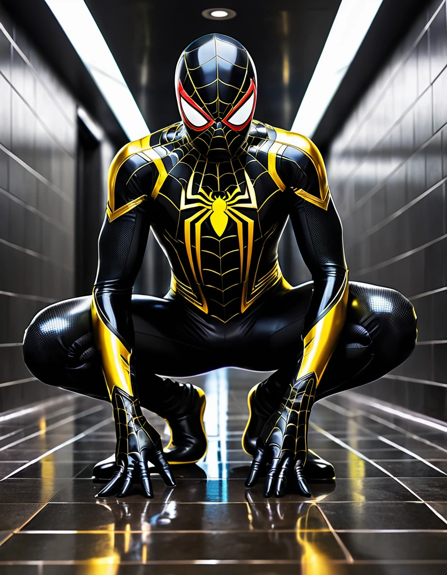 Digital art featuring a stylized, crouching figure reminiscent of Spider-Man in a dark, reflective hallway. The character is depicted in a black costume with a prominent, bright yellow spider emblem on the chest. The costume has a shiny, almost liquid texture, with rainbow-colored highlights, particularly on the mask, which features a vibrant multicolored visor. The background is a dimly lit tiled hallway with reflective surfaces, adding to the overall dark and mysterious atmosphere.