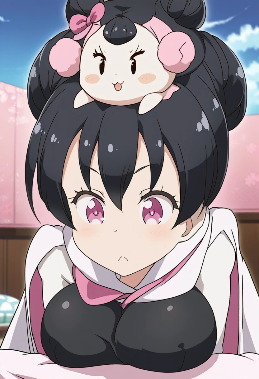 Anime Art, a pretty, white girl with pink cheeks, black hair color using a bun on top and bangs on the forehead, she has big breasts and is cute