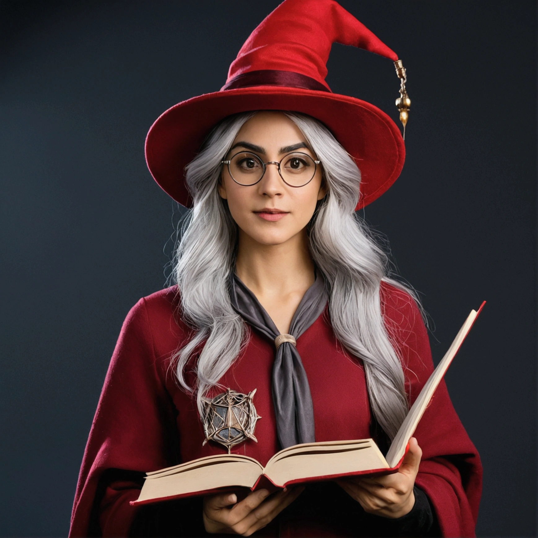 Woman in red hat and glasses holding a book,silver hair,she wears Harry Potter glasses, Maya Ali as D&D sorceress, holding spell book, dressed as witch, D&D magician, wearing a red wizard hat.