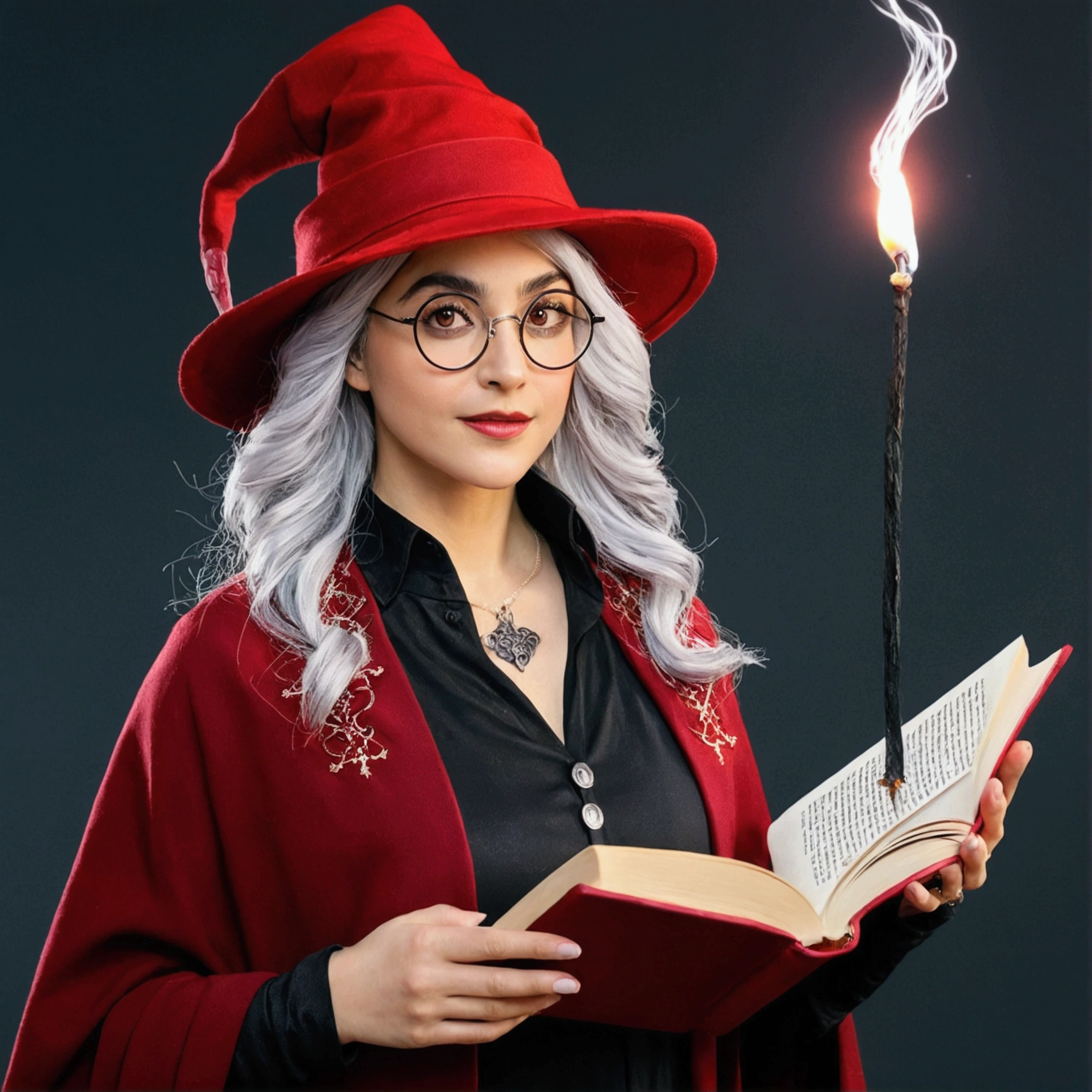 Woman in red hat and glasses holding a book,silver hair,she wears Harry Potter glasses, Maya Ali as D&D sorceress, holding spell book, dressed as witch, D&D magician, wearing a red wizard hat.
