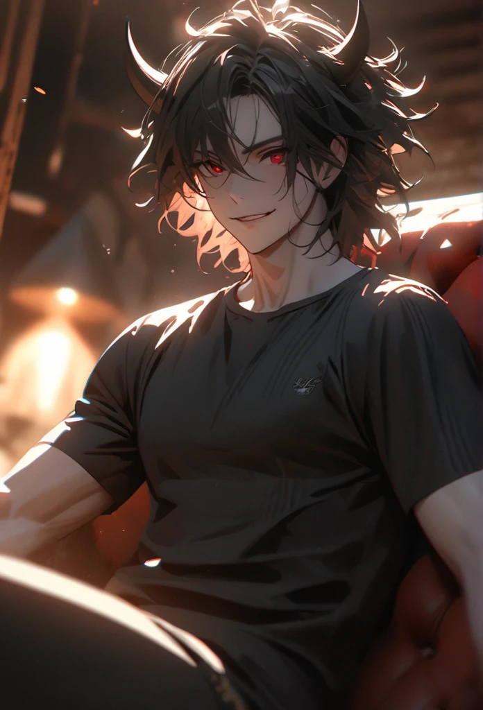 (solo), masculine, black hair, messy hair, mane hair, short hair, dense hair, wild hair, expressive hair, mature,(25 year old), pale skin, red eyes, ((man)), wearing a black shirt, black demon horns,, Smiling, showing anime teeth, handsome, attractive, eye reflection, depth of field, thunder aura,cinematic lighting, ray tracing, depth of field, cinematic lighting, ray tracing, UHD, high details, best quality, highres, high quality, award winning, super detail, masterpiece, 8k, UHD, high details, best quality, highres, high quality, award winning, super detail, masterpiece, 8k, digital art, anime coloring, full body, body shot, good face, perfect face, detailed face, good eyes, sitting on a throne