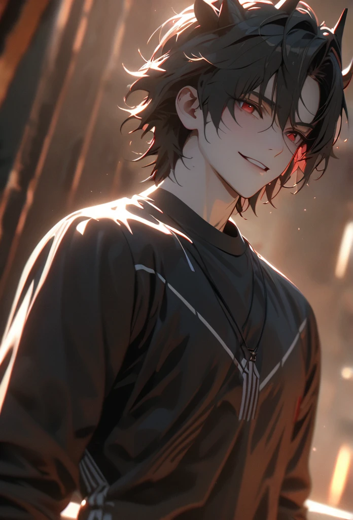 (solo), masculine, black hair, messy hair, mane hair, short hair, dense hair, wild hair, expressive hair, mature,(25 year old), pale skin, red eyes, ((man)), wearing a black shirt, black demon horns,, Smiling, showing anime teeth, handsome, attractive, eye reflection, depth of field, thunder aura,cinematic lighting, ray tracing, depth of field, cinematic lighting, ray tracing, UHD, high details, best quality, highres, high quality, award winning, super detail, masterpiece, 8k, UHD, high details, best quality, highres, high quality, award winning, super detail, masterpiece, 8k, digital art, anime coloring, full body, body shot, good face, perfect face, detailed face, good eyes, sitting on a throne