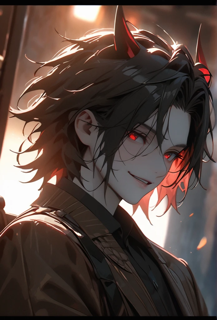 (solo), masculine, black hair, messy hair, mane hair, short hair, dense hair, wild hair, expressive hair, mature,(25 year old), pale skin, red eyes, ((man)), wearing a black shirt, black demon horns,, Smiling, showing anime teeth, handsome, attractive, eye reflection, depth of field, thunder aura,cinematic lighting, ray tracing, depth of field, cinematic lighting, ray tracing, UHD, high details, best quality, highres, high quality, award winning, super detail, masterpiece, 8k, UHD, high details, best quality, highres, high quality, award winning, super detail, masterpiece, 8k, digital art, anime coloring, full body, body shot, good face, perfect face, detailed face, good eyes, sitting on a throne