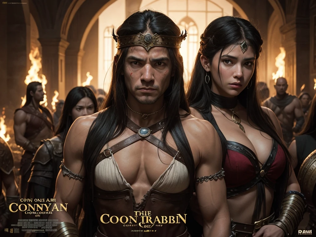 Donald Trump with twin Tia Carrera's on both sides in a Conan The Barbarian style movie poster