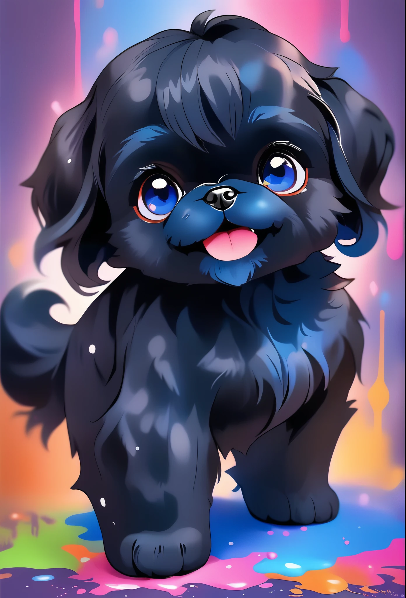 a 2 tiny adorable black shih tzu puppies,big bright blue eyes,happy,playful,covered in bright color paint,paint pawprints background,3D Pixar style,photorealistic,masterpiece,ultra-detailed,highly detailed,sharp focus,vivid colors,natural lighting