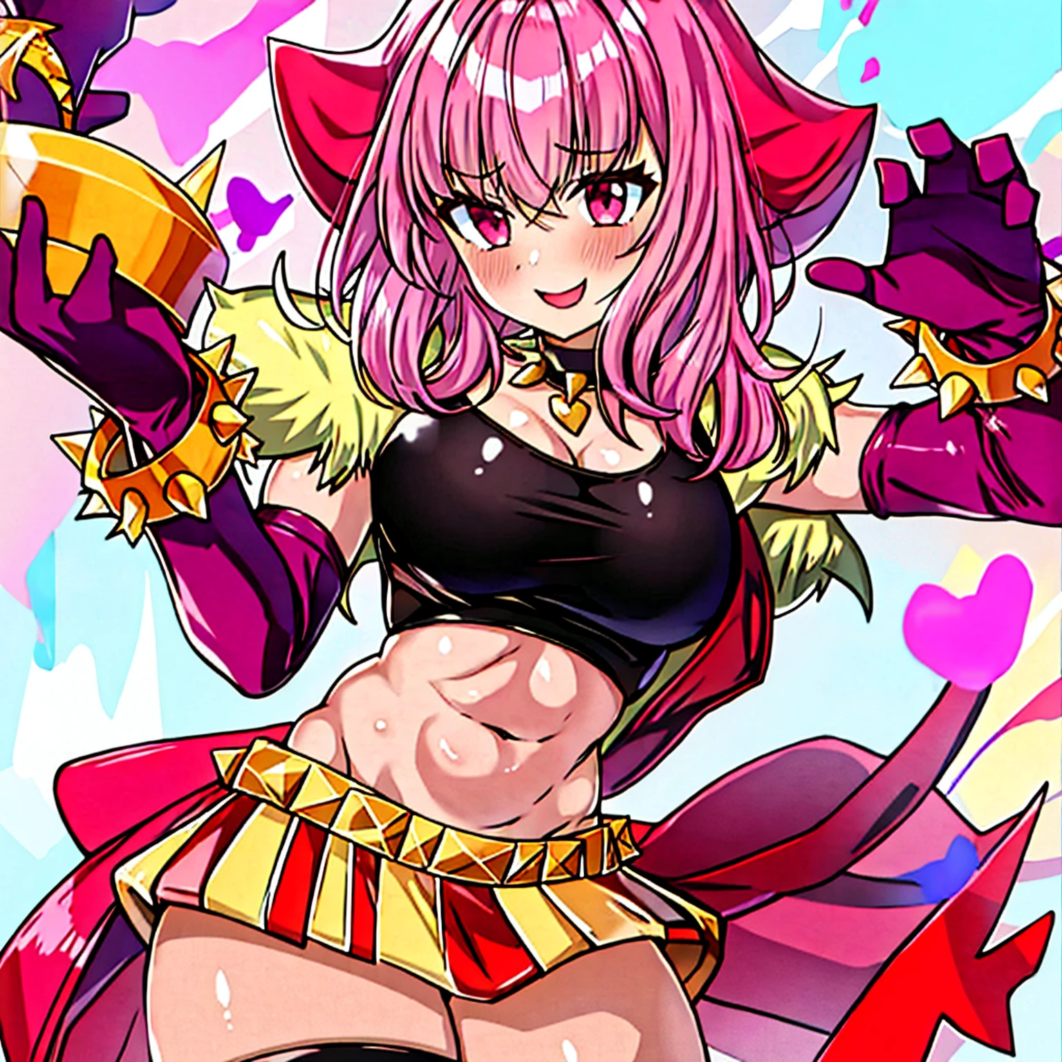 (masterpiece, Best quality:1.2), 1 girl, One, Melodies, fur shoulder pads, with spikes, bracelet, black thigh high, pink hair, orange skirt, purple gloves, purple elbow, gloves, red bow, Crop top, pink hair, mini skirt, thigh high, black Crop top, black, necklace, Navel, heart, big is, is, she shows off her is