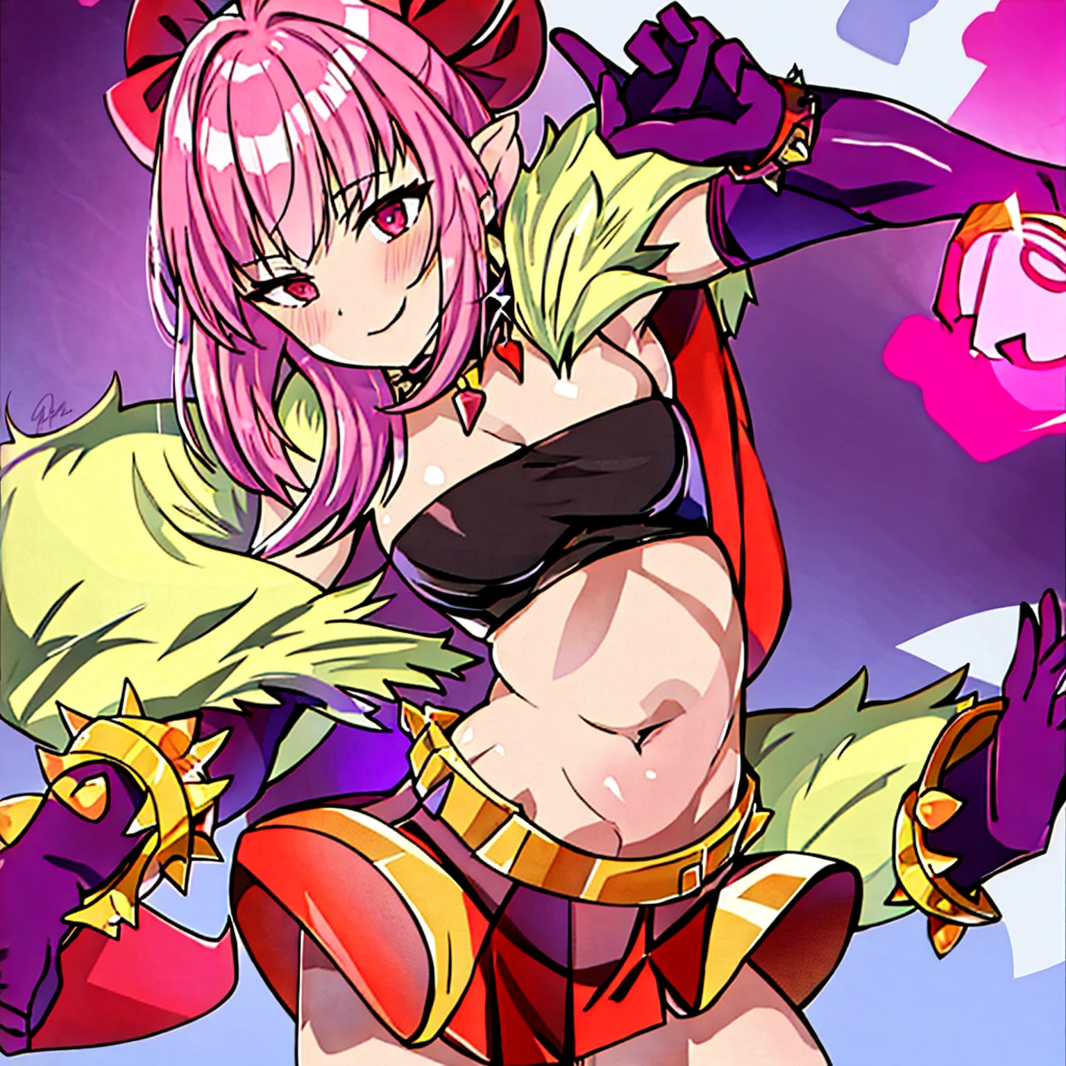 (masterpiece, Best quality:1.2), 1 girl, One, Melodies, fur shoulder pads, with spikes, bracelet, black thigh high, pink hair, orange skirt, purple gloves, purple elbow, gloves, red bow, Crop top, pink hair, mini skirt, thigh high, black Crop top, black, necklace, Navel, heart, big is, is, she shows off her is