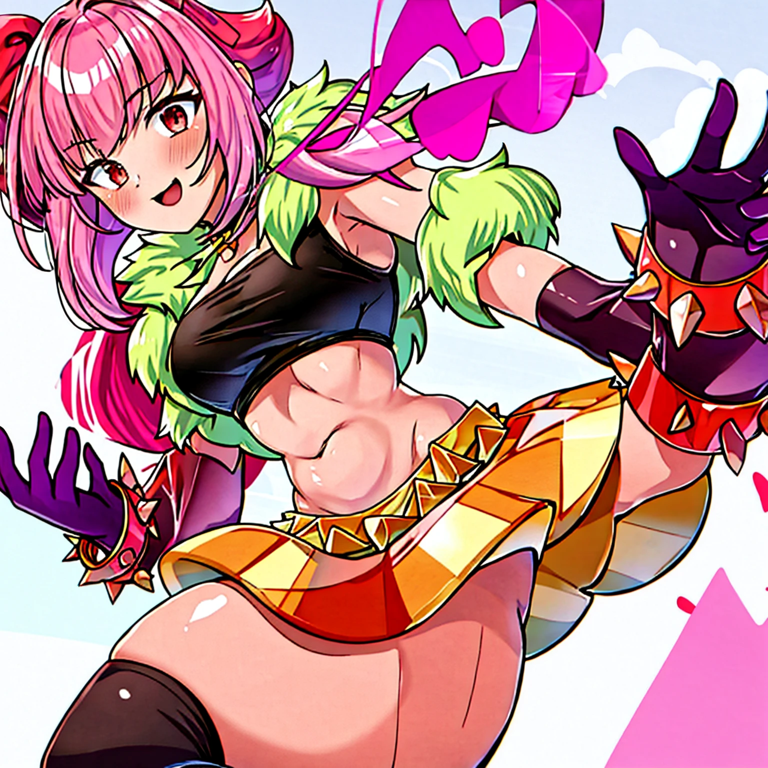 (masterpiece, Best quality:1.2), 1 girl, One, Melodies, fur shoulder pads, with spikes, bracelet, black thigh high, pink hair, orange skirt, purple gloves, purple elbow, gloves, red bow, Crop top, pink hair, mini skirt, thigh high, black Crop top, black, necklace, Navel, heart, big is, is, she shows off her is