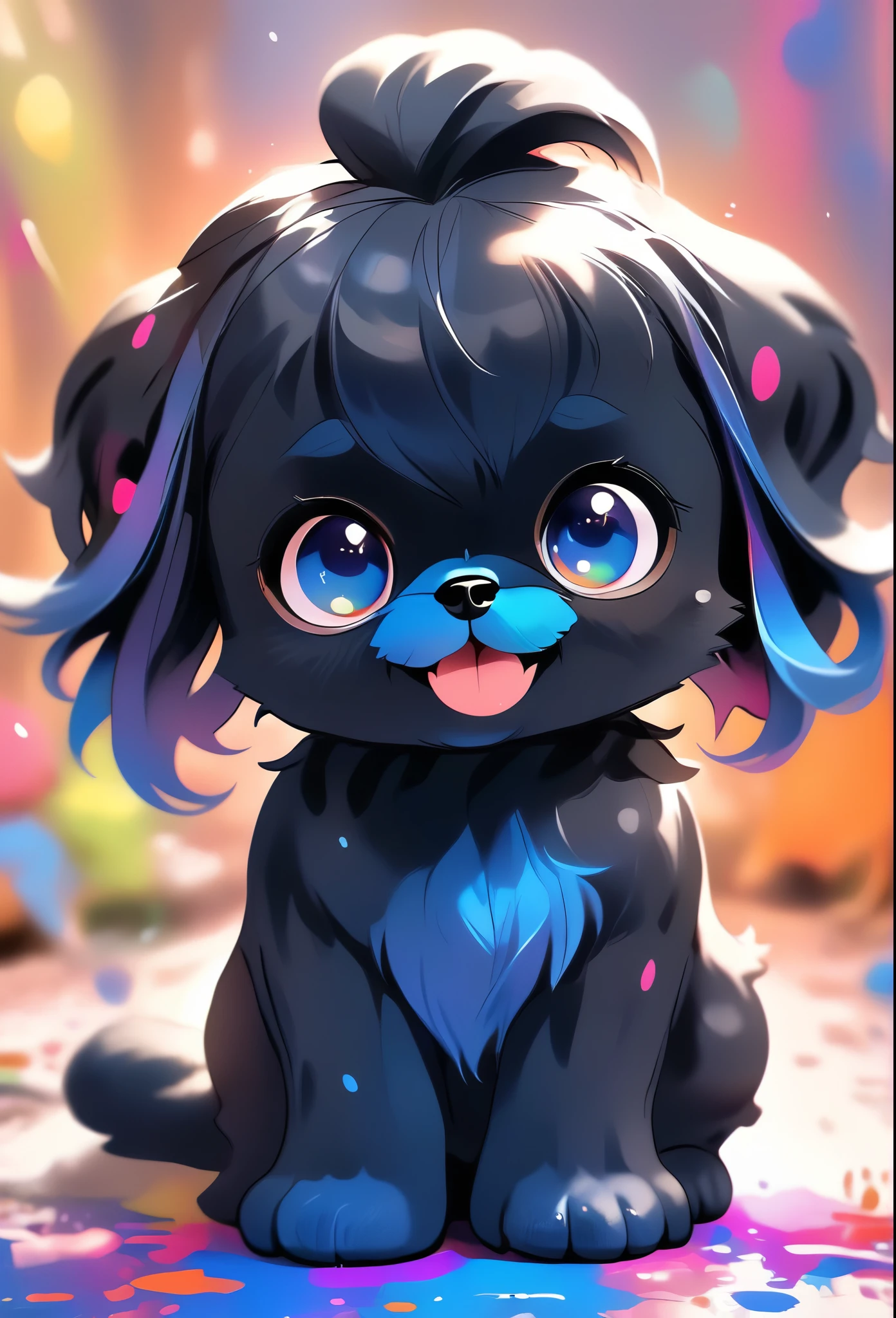 a 2 tiny adorable black shih tzu puppies,big bright blue eyes,happy,playful,covered in bright color paint,paint pawprints background,3D Pixar style,photorealistic,masterpiece,ultra-detailed,highly detailed,sharp focus,vivid colors,natural lighting