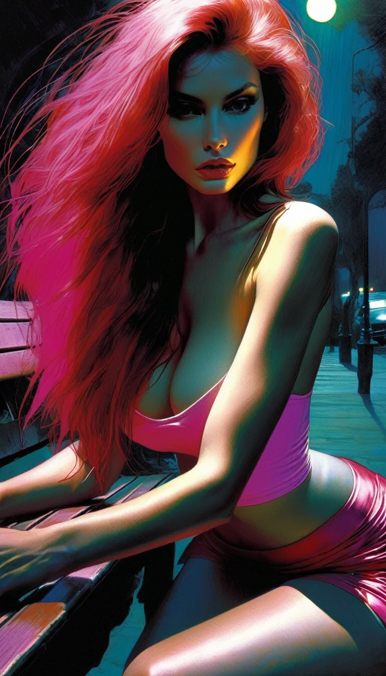 Sexy girl, long pink hair, tight miniskirt, plain tank top, prominent nipples, sitting in a sexy pose on a park bench, grabs her breasts with her hands, shows us her breasts, sexy, lascivious, open legs, painting oil, chiaroscuro, sensual and dramatic lighting, moody atmosphere, photorealistic, intricate details, masterpiece, ultra detailed, high quality, 8k, best quality, realistic, cinematic, dark and brooding, expressionist, powerful composition, emotional impact, art inspired by Bill Sienkiewicz