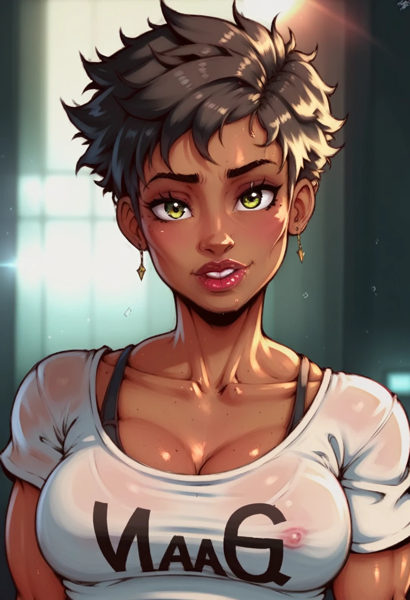 (masterpiece) (best quality) (detailed) (8k) (HDR) (wallpaper) (cinematic lighting) (sharp focus) (intricate), 1 Tomboy, dark skin, beautiful 