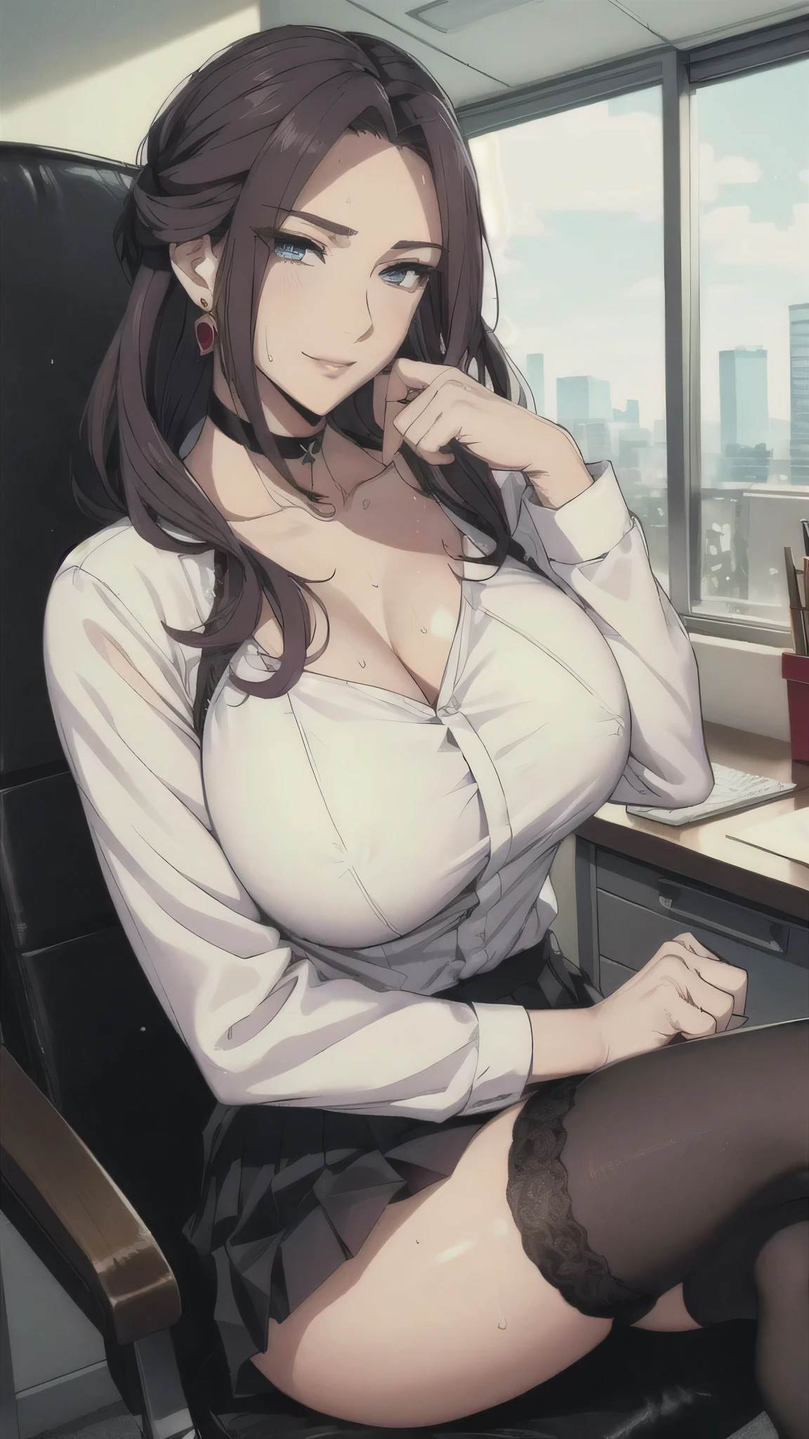 ((Correct Anatomy)),((Sit in an office chair)),((Cross your legs)),((((Black Stockings)))),((Beautiful feet)),((A shy smile)),((Lacy white panties)),((Office Costume)),((White blouse)),((Office Uniforms)),((Pleated mini skirt)),Ultra-high resolution,Mature Woman, Mature Woman, Very detailed,Extremely fine skin,Beautiful Skin,((Sweating all over the body)),(Big Breasts),((Beautiful legs)),Perfect hands, Detailed fingers, Beautiful details, ((Long Hair)),Black choker, Earrings,High heels,High rise office building,Perfect Eyes, Captivating eyes