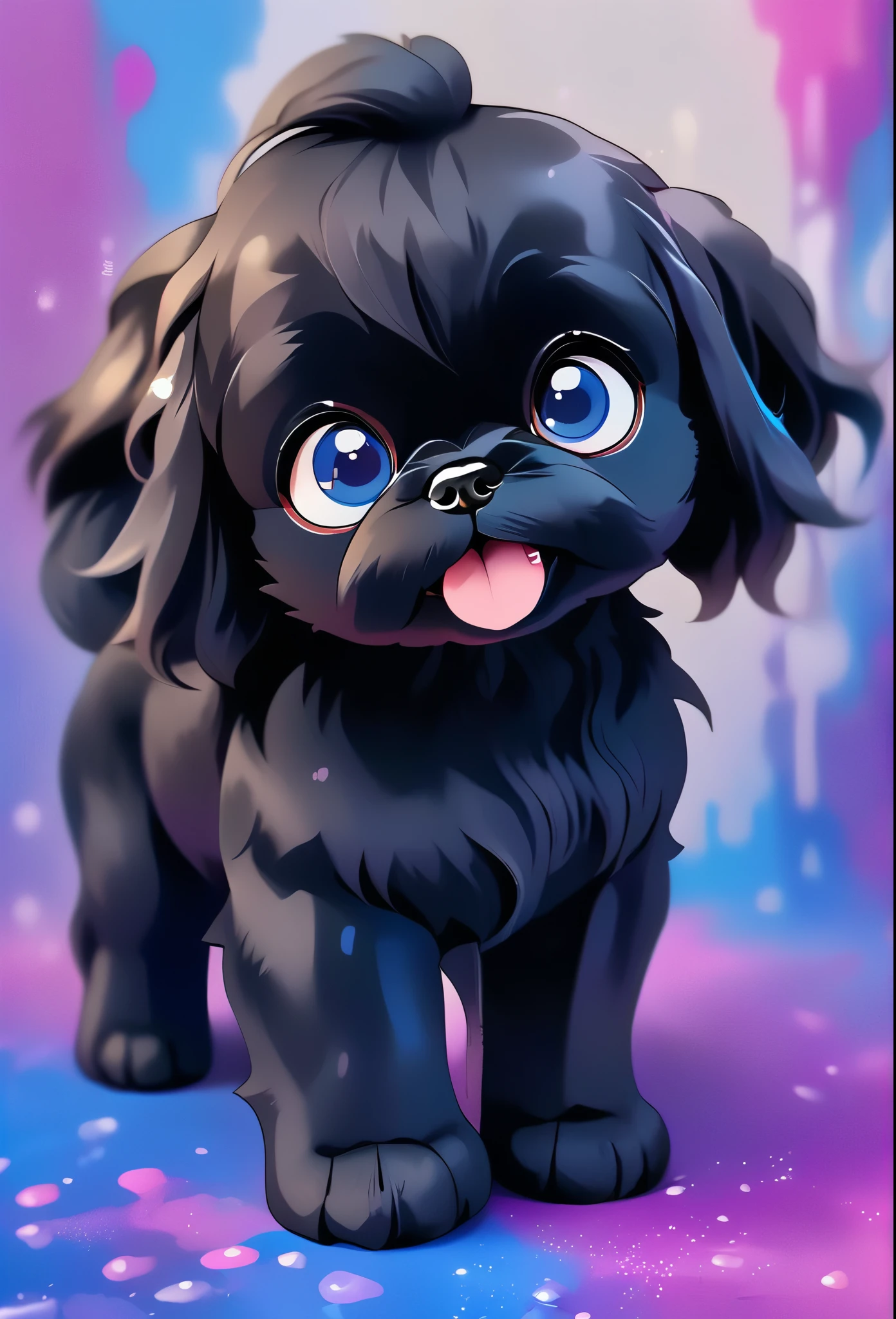 a 2 tiny adorable black shih tzu puppies,big bright blue eyes,happy,playful,covered in bright color paint,paint pawprints background,3D Pixar style,photorealistic,masterpiece,ultra-detailed,highly detailed,sharp focus,vivid colors,natural lighting