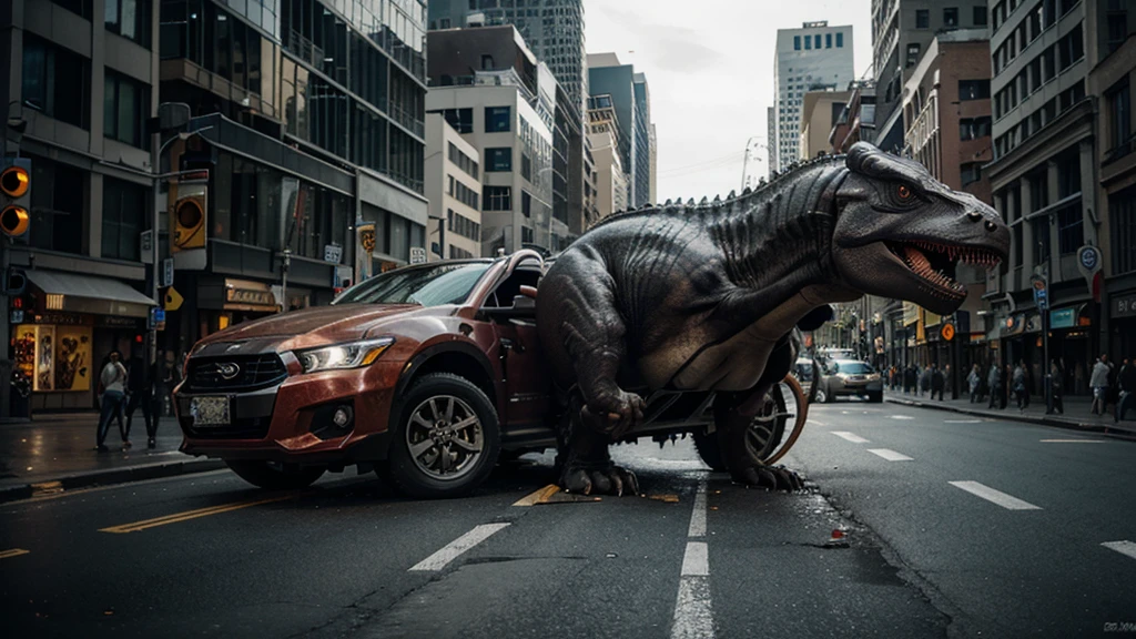 Metropolis,A giant Tyrannosaurus bites into a car and destroys it