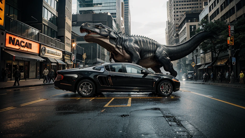 Metropolis,A giant Tyrannosaurus bites into a car and destroys it