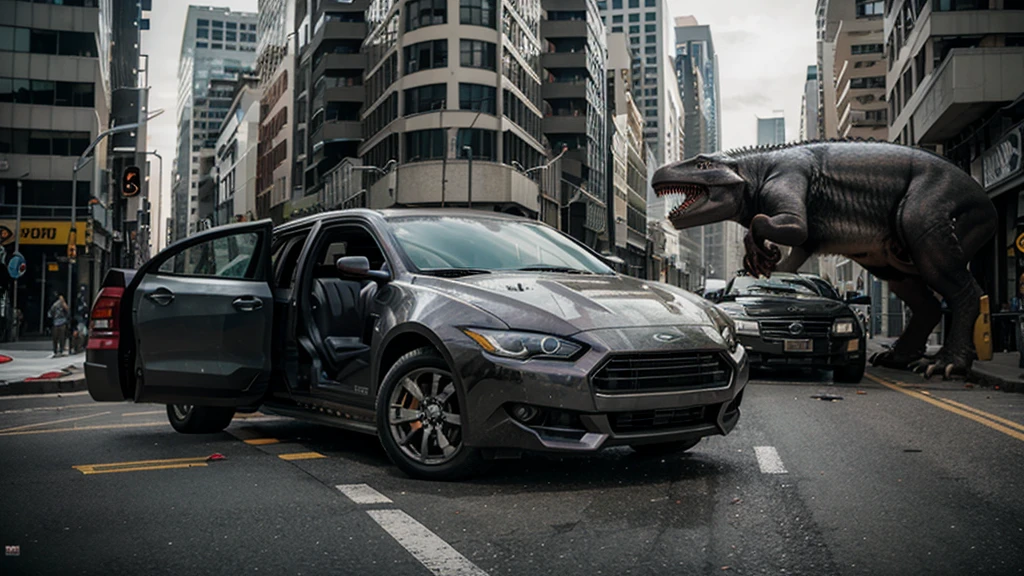 Metropolis,A giant Tyrannosaurus bites into a car and destroys it