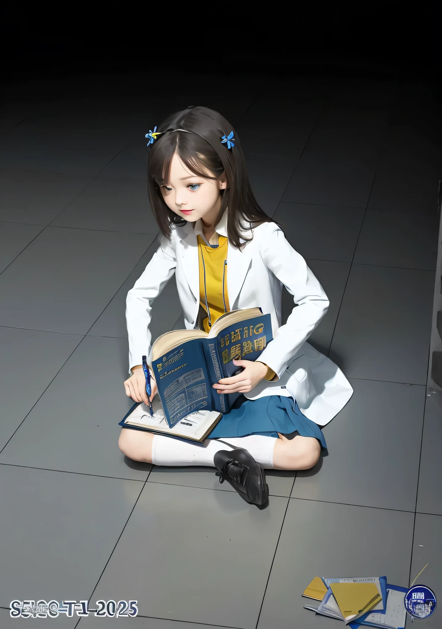 Girl, dark hair, shoulder length hair, blue eyes, white flower hairpin, white lab coat, yellow shirt, blue skirt, black shoes, white socks, dark blue calculus book, writing, looking at the book, holding pen, studying on the floor, half dark room