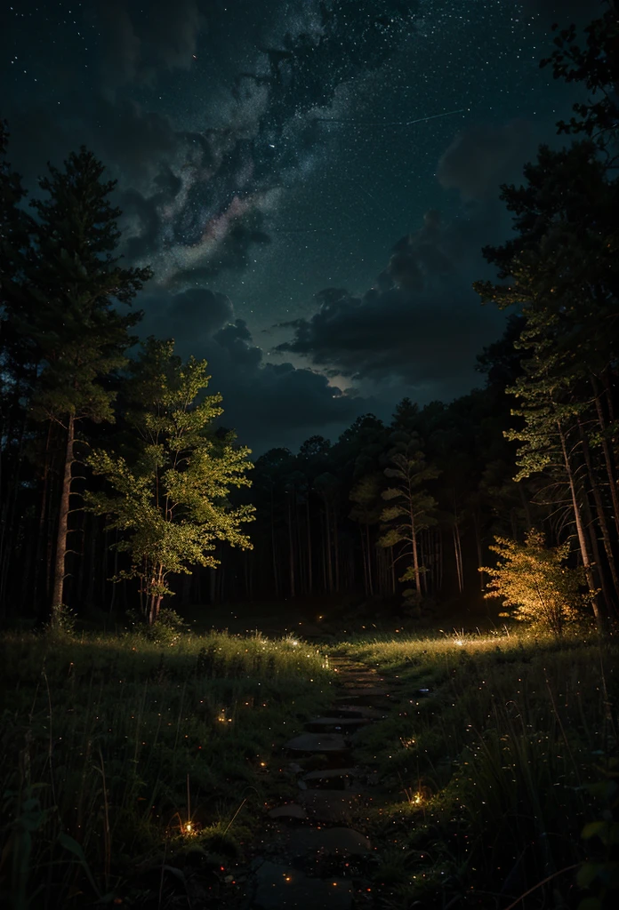 forest landscape, Sunset, rainy weather, with the sky full of stars and fireflies