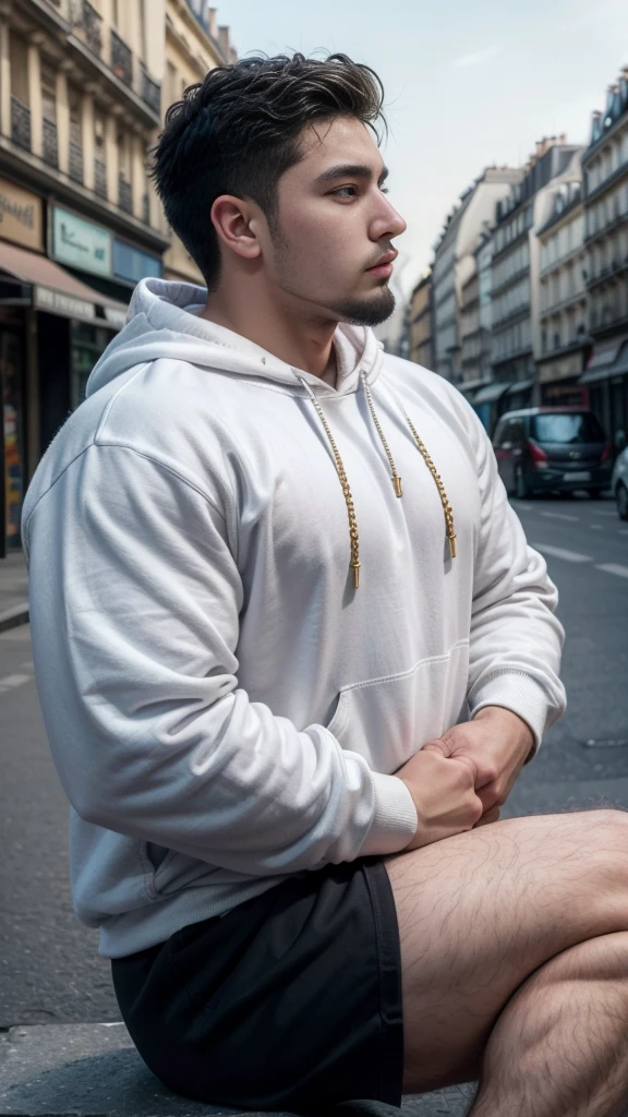 muscular man, bearded, young, young adult, huge, big shoulders, piece, Only, the white shirt with studs open hoodie gold netalica, big arms,, Intricate, elegant, sharp focus, photo by greg rutkowski, vibrant colors, (masterpiece), ((Paris), (detailed face), , brown eyes, bright Eyes, portrait from knees to head, strong and muscular legs, big lump , Profile , latino 20 years old , with applications on the sweatshirt