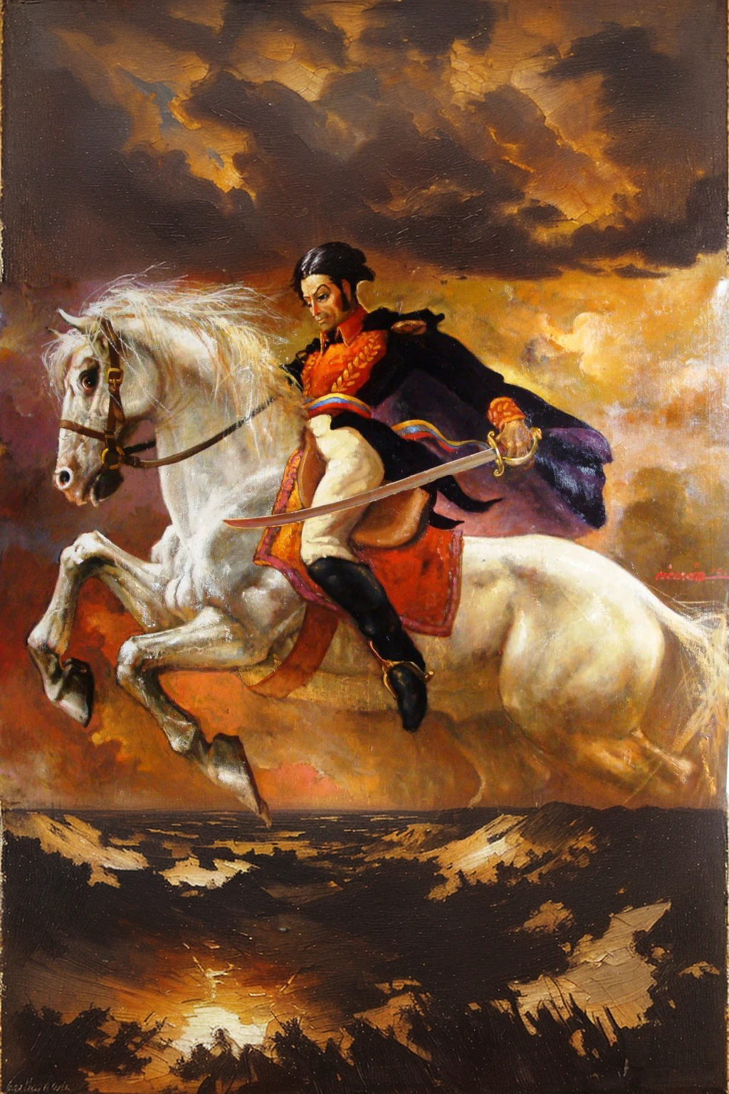 Antique oil painting of the sky at sunset full of nines