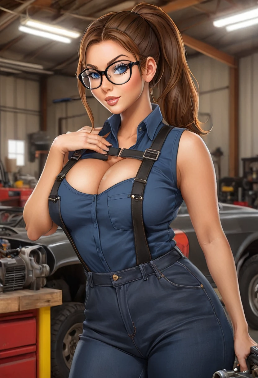 brown hair, ponytail, , huge breasts, cleavage, sexy mechanic, in a garage, (perfect hands:1.1) (extreme far shot, full body, zoomed out:1.1) topless nude just wear black suspender with jumpsuit with blue jeans also wear round glasses black flip off nipples