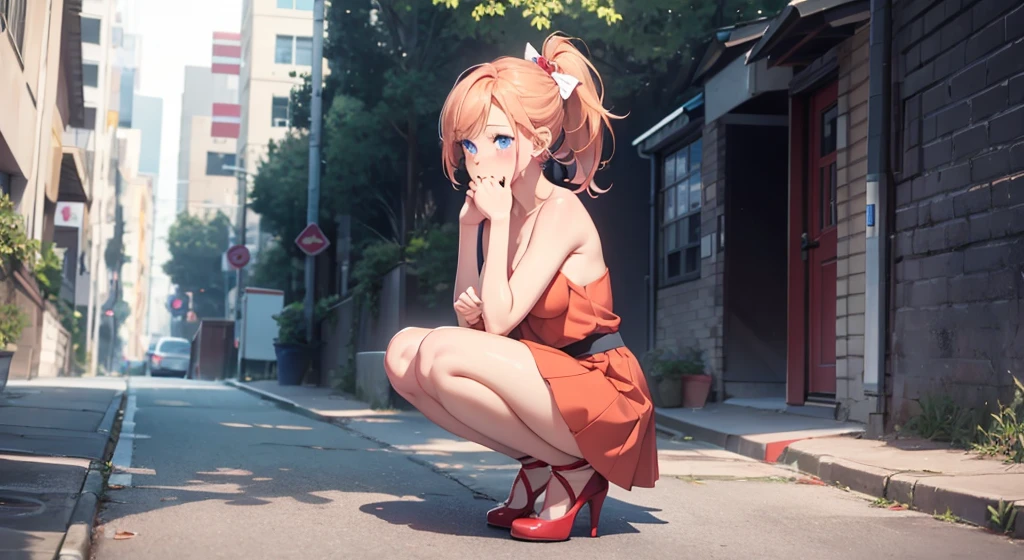fullnude、cute big white bow, high heels stylish girl pretending to be a dog, young girl, The girl is depicted in full growth, you see the girl from head to toe, (one embarrassed girl naked), one embarrassed girl naked, in super short bright skirt, Blonde light red hair with a ponytail, Blue eyes, White skin, squatting on the street, young girl, small breasts.